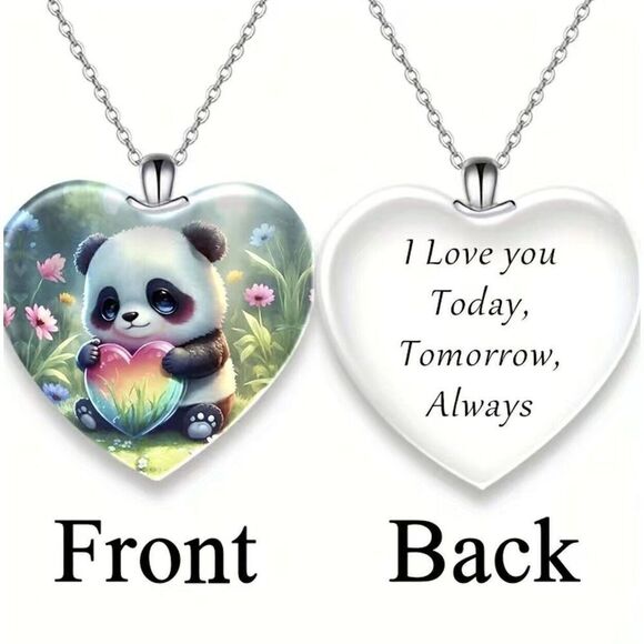Panda Heart Shaped Crystal Pendant Necklace. Panda Front Saying Back. New. - Picture 1 of 5